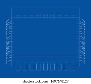 Microchip 3D. Representación vectorial de 3d. Estilo de marco de cables. Las capas de líneas visibles e invisibles están separadas