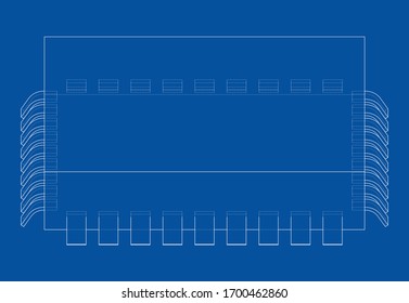 3D microchip. Vector rendering of 3d. Wire-frame style. The layers of visible and invisible lines are separated