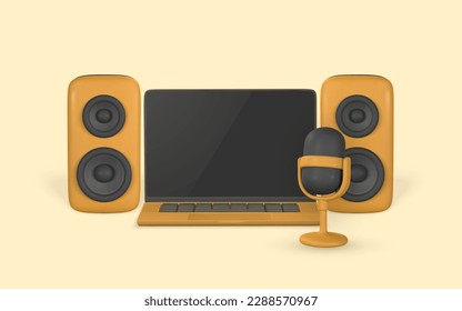 micrófono 3d, portátil y altavoz de audio en forma de dibujos animados plásticos. Ilustración vectorial.