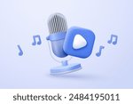 3d microphone with music note is symbol denoting a musical sound. mic record for music singing and audio tune or harmony tone concept. 3d microphone and melody notes icon vector render illustration