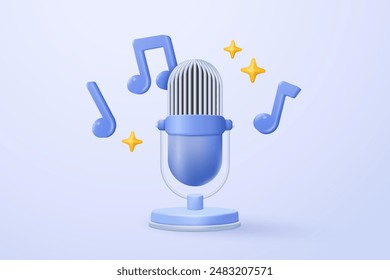 3d microphone with music note is symbol denoting a musical sound. mic record for music singing and audio tune or harmony tone concept. 3d microphone and melody notes icon vector render illustration