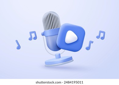 3d microphone with music note is symbol denoting a musical sound. mic record for music singing and audio tune or harmony tone concept. 3d microphone and melody notes icon vector render illustration