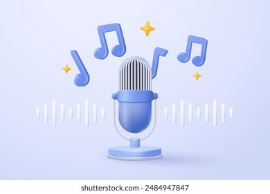 3d microphone with music note is symbol denoting a musical sound. mic record for music singing and audio tune or harmony tone concept. 3d microphone and melody notes icon vector render illustration