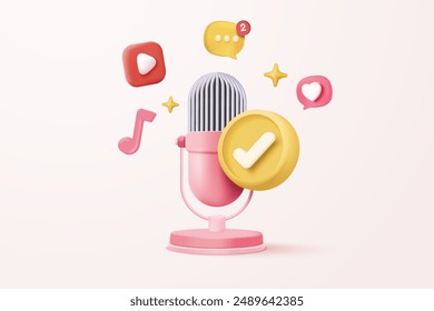 3d microphone with music note is symbol denoting a musical sound. mic record for music singing and audio tune or harmony tone concept. 3d microphone and melody notes icon vector render illustration