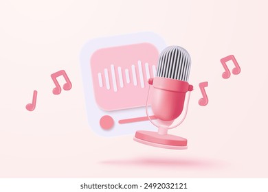 3d microphone with music note is symbol denoting a musical sound. mic record for music singing and audio tune or harmony tone concept. 3d microphone and melody notes icon vector render illustration