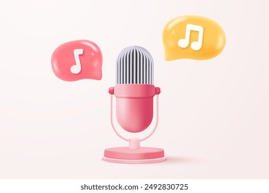 3d microphone with music note is symbol denoting a musical sound. mic record for music singing and audio tune or harmony tone concept. 3d microphone and melody notes icon vector render illustration