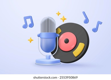 3d microphone with music note is symbol denoting a musical sound. mic record for music singing and audio tune or harmony tone concept. 3d microphone and melody notes icon vector render illustration