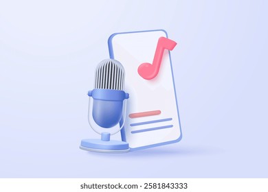 3d microphone with music note is symbol denoting a musical sound. mic record for music singing and audio tune or harmony tone concept. 3d microphone and melody notes icon vector render illustration