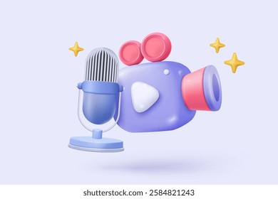 3d microphone with music note is symbol denoting a musical sound. mic record for music singing and audio tune or harmony tone concept. 3d microphone and melody notes icon vector render illustration