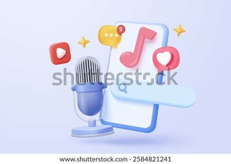 3d microphone with music note is symbol denoting a musical sound. mic record for music singing and audio tune or harmony tone concept. 3d microphone and melody notes icon vector render illustration