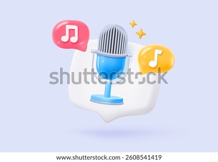 3d microphone with music note is symbol denoting a musical sound. mic record for music singing and audio tune or harmony tone concept. 3d microphone and melody notes icon vector render illustration