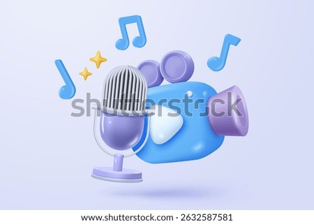 3d microphone with music note is symbol denoting a musical sound. mic record for music singing and audio tune or harmony tone concept. 3d microphone and melody notes icon vector render illustration