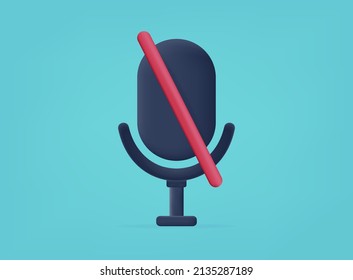 3d Microphone off icon. A device without sound audio recording, interviews. Does not work. Error playback and volume connection. Mic, headset  for speaker or podcast recording on green. Vector 