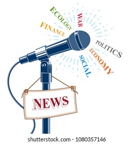 3d microphone vector illustration isolated on white. Ecology, finance, politics, economy and social news and facts reporting.