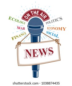 3d microphone vector illustration with news label. Broadcasting concept, social, economical, political news reporting.