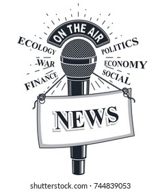 3d microphone vector illustration with news label. Broadcasting concept, social, economical, political news reporting.