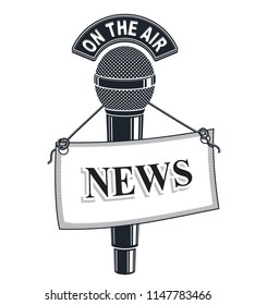 3d microphone vector symbol isolated on white with news tag. Live reportage concept, on the air.