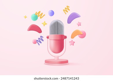 3d microphone with voice for announce promotion in background. mic record for music singing and audio or podcast minimal concept. 3d mic icon vector render illustration for alert and announcement