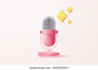 3d microphone with voice for announce promotion in background. mic record for music singing and audio or podcast minimal concept. 3d mic icon vector render illustration for alert and announcement