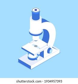 3d microscope. Simple isometric microscope with slide glass, and mirror. Vector illustration isolated on blue background. Eps 10 template. 