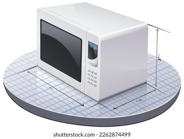 3D microwave oven placed on a piece of graph paper with the dimensions drawn in pencil (cut out)