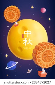 Afiche del festival 3D a mediados de otoño. Conejos de jade lindo viajan por la galaxia en globos de aire caliente de torta lunar. Traducción china: Mediados del Otoño. 15 de agosto.