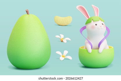 3d Mid Autumn food element set isolated on blue background, including pomelo, osmanthus flowers and cute jade rabbit sitting in pomelo.