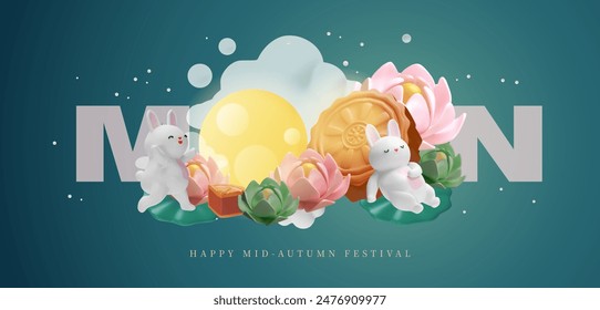 In: 3D Mid-Autumn Festival. Fröhliche Kaninchen neben Mondkuchen und einer Seerose. Vollmond. Horizontaler Glückwunsch-Banner. Urlaub im Osten. 15. August. Vektorillustration.