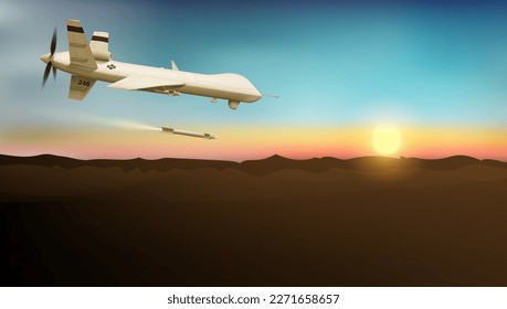 3D Military Combat Drone UAV On Orange Sunrise Sky. EPS10 Vector