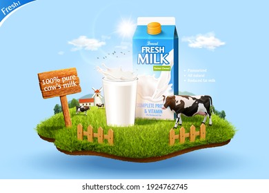 3d milk ad template for product display. Milk pack mock-up set in a miniature farm with cow and glass.