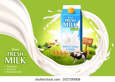 3d шаблон рекламы молока для показа продукта. Макет молочного пакета на фермерском острове, окруженном белой брызгающей жидкостью.