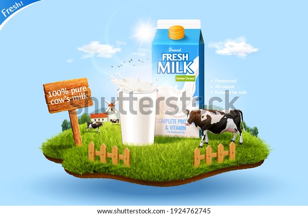 3d milk ad template\
for product display. Milk pack mock-up set in a miniature farm with\
cow and glass.