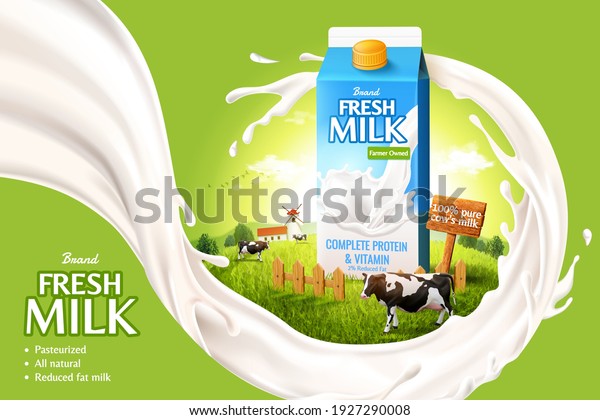 3d milk ad\
template for product display. Milk pack mock-up on a farm island\
surrounded by white splashing\
liquid.