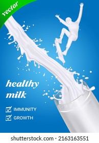 3d milk ad template with skater boy. Milk pack mock-up on a farm island surrounded by white splashing liquid. 