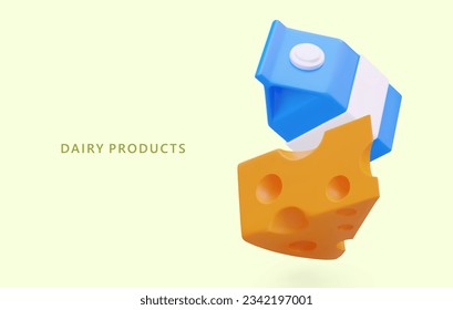 3D milk carton box and slice of cheese. Milk dairy product. Realistic organic healthy food. Dairy products concept. Vector illustration with place for text and green background