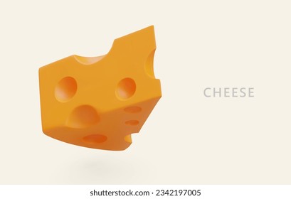 3D milk cheese with holes. Classic lactose product. Ingredient for pizza, sandwiches, salads, side dishes. Natural food. Horizontal color banner with text