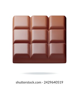 3D Milk Chocolate Bar Isolated on White. Render Brown Chocolate Piece. Sweet Delicious Candy Product. Cocoa Tasty Dessert. Realistic Vector Illustration