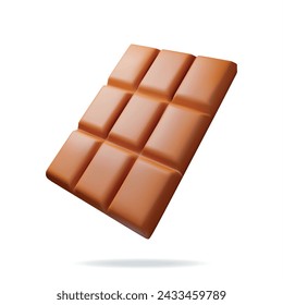 3D Milk Chocolate Bare Isolated on White. Render Brown Chocolate Piece. Sweet Delicious Candy Product. Cocoa Tasty Dessert. Realistic Vector Illustration