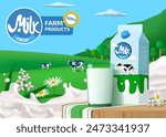 3d milk. Farm product ad with cow nature and dairy flowers on grass, natural drink package and glass with beverage, food land. Marketing advertising. Realistic elements. Vector banner template