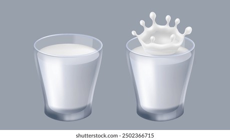 3D Milk Splash In Glass Due A Drop Of Yogurt. EPS10 Vector