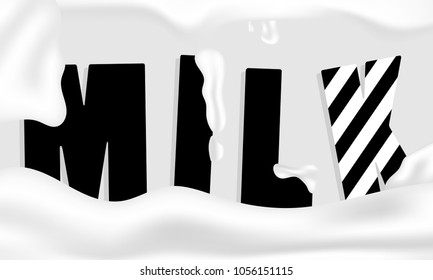 3D Of Milk Splash Shape On Gray Background. Typography Design Texture. Abstract Liquid Milk In A Realistic Style. Design Concept For Graphic, Banners, Wallpaper, Reports.Vector Illustration. Eps 10