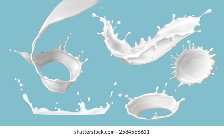 3D milk splashes set isolated on background. Vector realistic illustration of white paint, cream wave, yogurt swirl with flying milky drops, skincare cosmetic lotion, protein milkshake texture