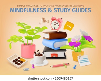 3d Mindfulness and Study Guides Simple Practice to Increase Awareness in Learning Concept Ads Banner Poster Card. Vector illustration