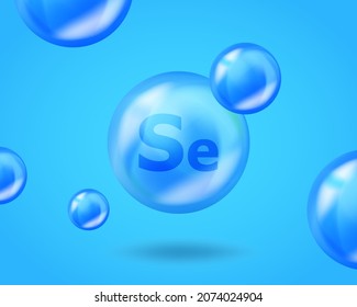 Cápsula de gotero de 3 D Mineral Se Selenium. Diseño de nutrición azul para belleza, cosmética, publicidad de salud. Diseño realista de Se Selenium mineral