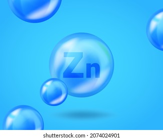 3D Mineral Zn Zinc drop pill capsule. Blue nutrition design for beauty, cosmetic, heath advertising. Realistic mineral Zn Zinc design