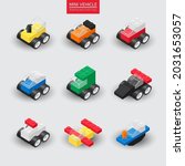3d Mini vehicles elements, building block brick toy template, Car toys for kid. airplane, boat, bus, truck, van. Isometric cartoon set for baby store and social media. vector illustration