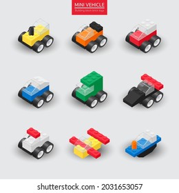 3d Mini vehicles elements, building block brick toy template, Car toys for kid. airplane, boat, bus, truck, van. Isometric cartoon set for baby store and social media. vector illustration
