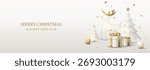 3D miniature ceramic model of Christmas trees, reindeer, gift boxes and Christmas balls white and gold colors graphic illustration have blank space.