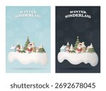 3D miniature model of day and night Winter Wonderland on floating snowdrift vertical template graphic illustration have blank space.