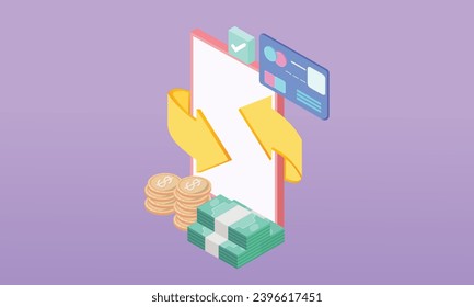 3d minima Cashback and refund concept icons. Wallet, dollar bills and coins stack, online payment.on pastel background